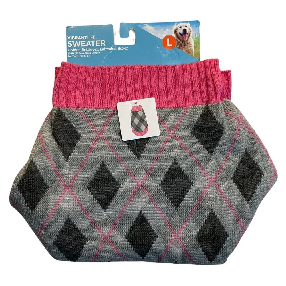 Vibrant Life New, Large Grey Pink Black Pullover Argyle Sweater